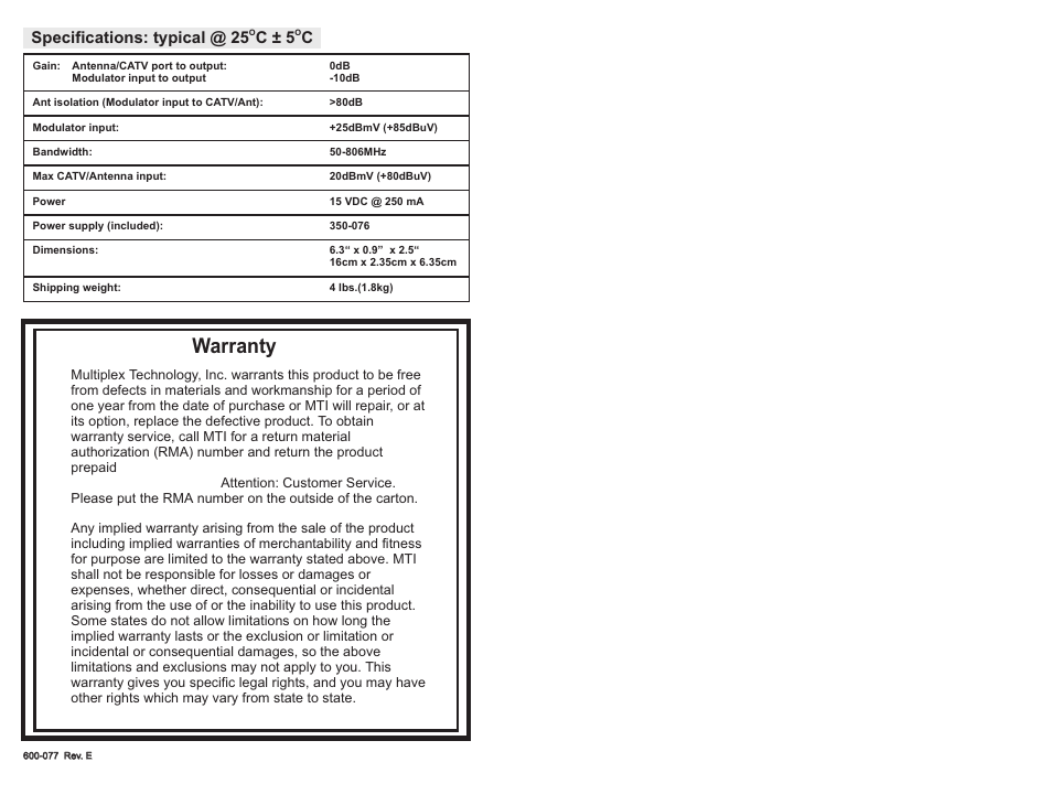 Warranty, Specifications: typical @ 25 c ± 5 c | Channel Plus COAXIAL CABLE PANEL 3308 User Manual | Page 5 / 5