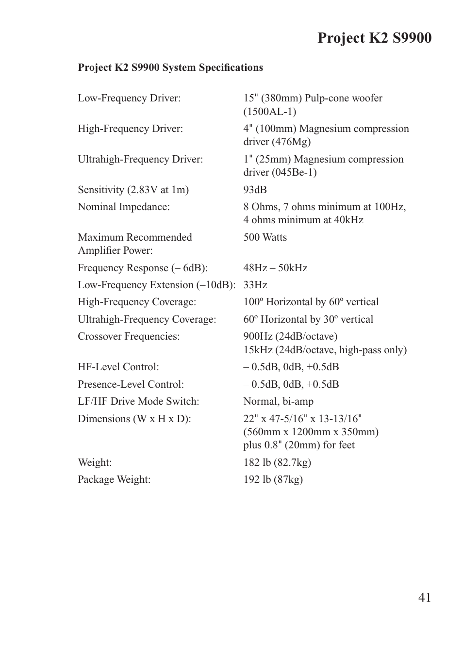 JBL Synthesis K2 S9900 User Manual | Page 41 / 42