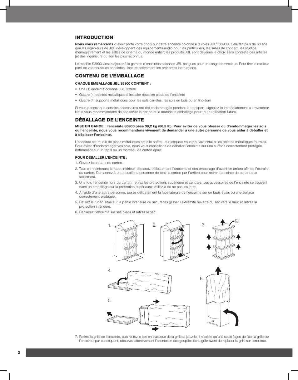 Introduction, Contenu de l’emballage, Déballage de l’enceinte | JBL Synthesis S3900 User Manual | Page 10 / 72