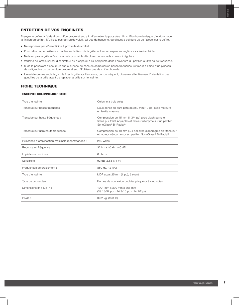 Entretien de vos enceintes, Fiche technique | JBL Synthesis S3900 User Manual | Page 15 / 72