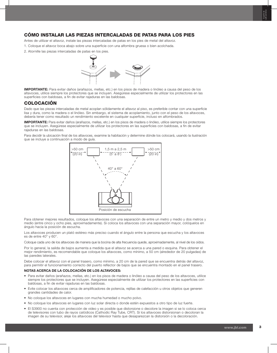 Colocación | JBL Synthesis S3900 User Manual | Page 19 / 72