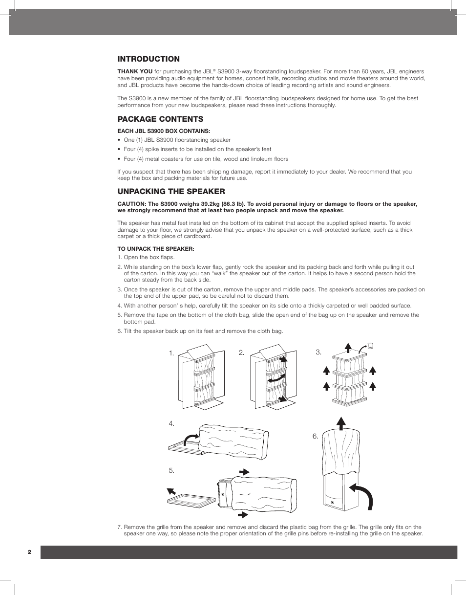 Introduction, Package contents, Unpacking the speaker | JBL Synthesis S3900 User Manual | Page 2 / 72
