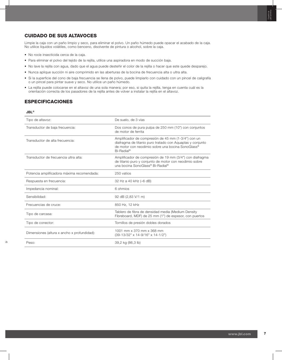 Cuidado de sus altavoces, Especificaciones | JBL Synthesis S3900 User Manual | Page 23 / 72