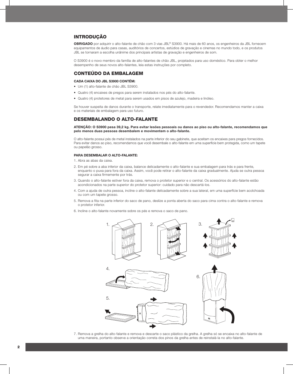Introdução, Conteúdo da embalagem, Desembalando o alto-falante | JBL Synthesis S3900 User Manual | Page 26 / 72