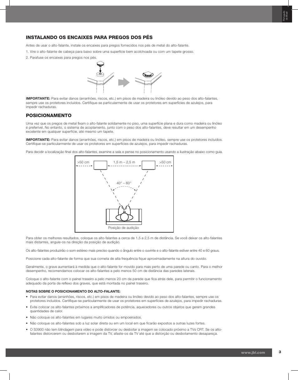Instalando os encaixes para pregos dos pés, Posicionamento | JBL Synthesis S3900 User Manual | Page 27 / 72