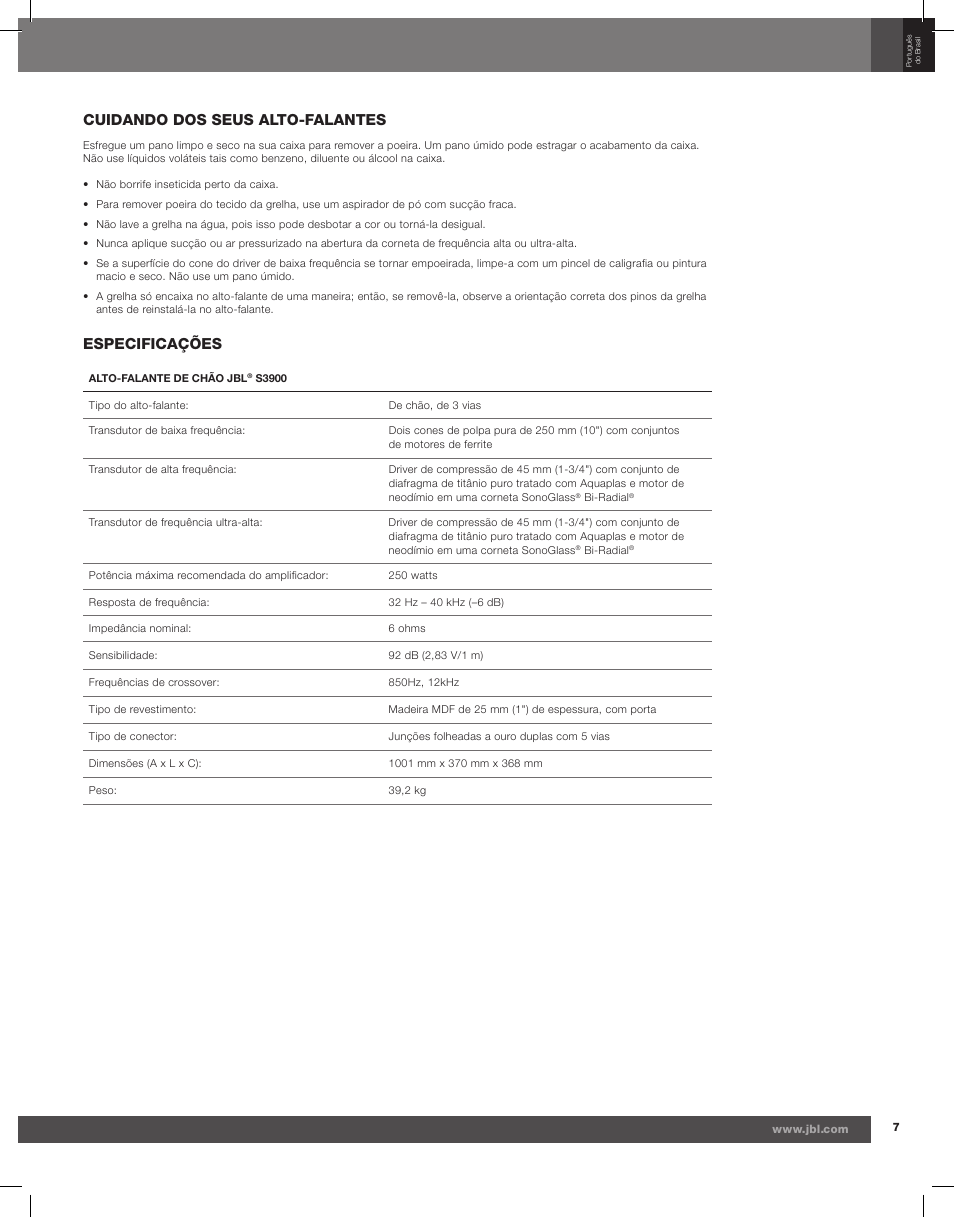 Cuidando dos seus alto-falantes, Especificações | JBL Synthesis S3900 User Manual | Page 31 / 72