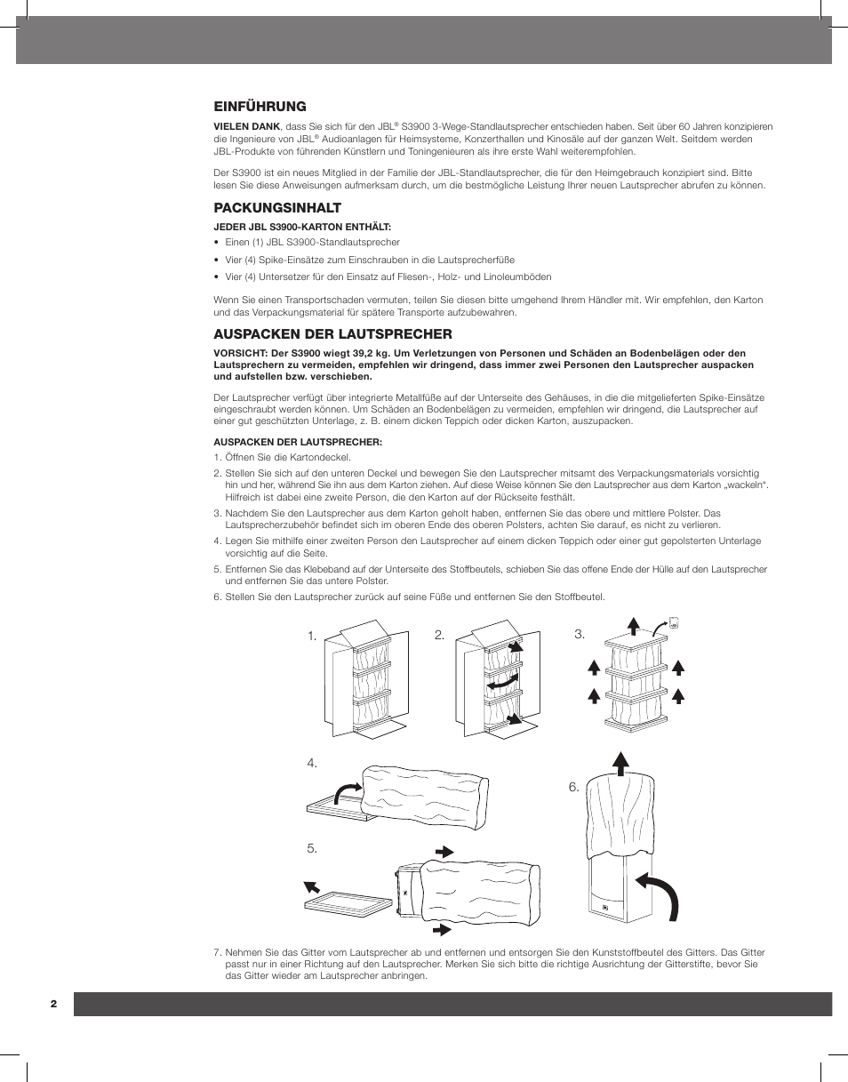 Einführung, Packungsinhalt, Auspacken der lautsprecher | JBL Synthesis S3900 User Manual | Page 34 / 72