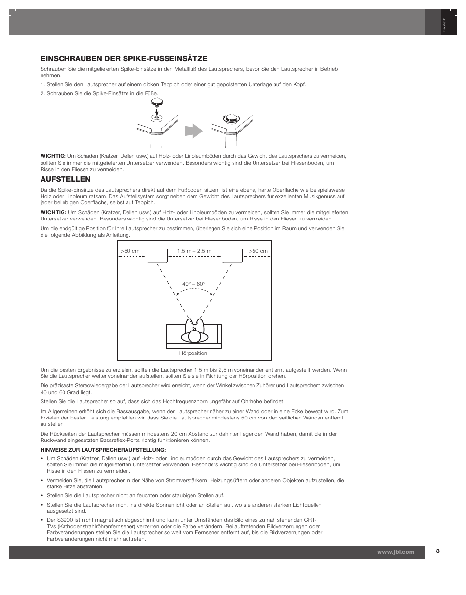 Einschrauben der spike-fusseinsätze, Aufstellen | JBL Synthesis S3900 User Manual | Page 35 / 72