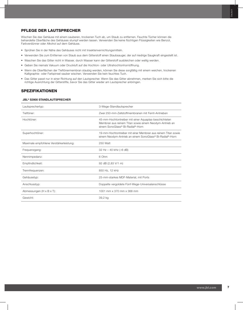 Pflege der lautsprecher, Spezifikationen | JBL Synthesis S3900 User Manual | Page 39 / 72