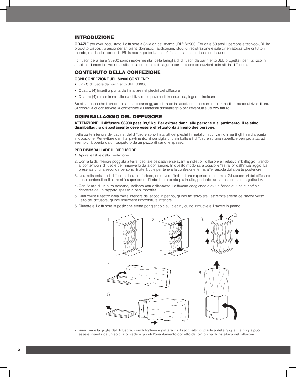 Introduzione, Contenuto della confezione, Disimballaggio del diffusore | JBL Synthesis S3900 User Manual | Page 42 / 72