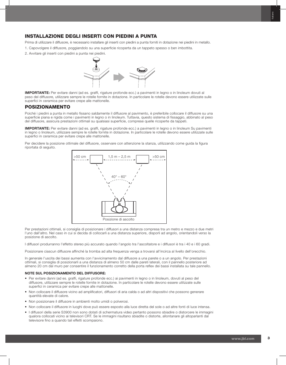 Installazione degli inserti con piedini a punta, Posizionamento | JBL Synthesis S3900 User Manual | Page 43 / 72