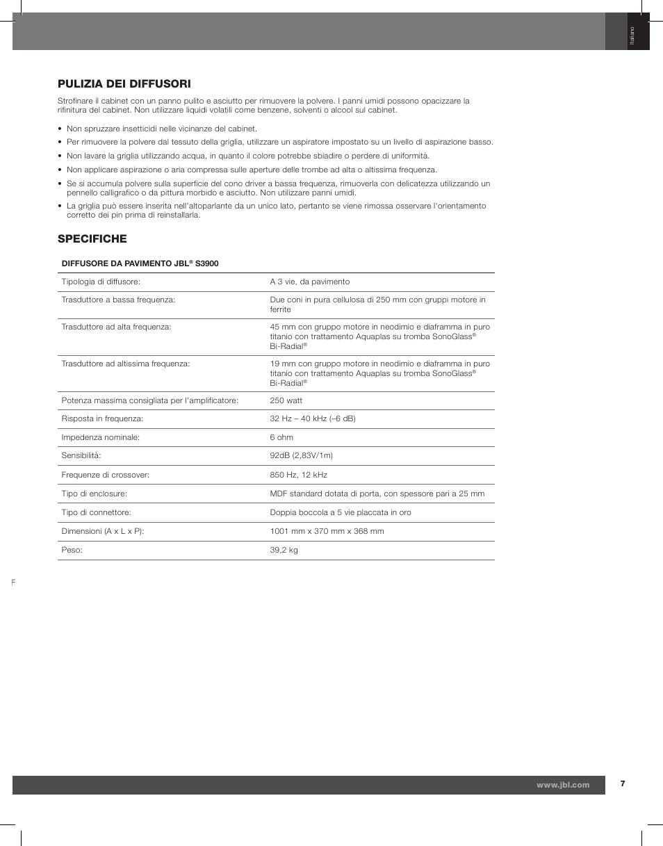 Pulizia dei diffusori, Specifiche | JBL Synthesis S3900 User Manual | Page 47 / 72
