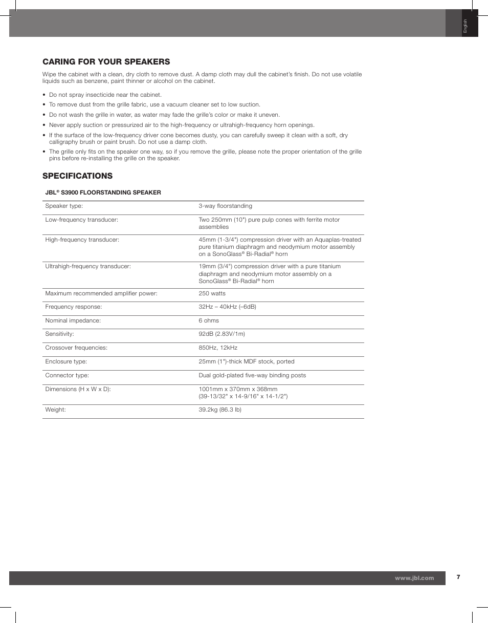 Caring for your speakers, Specifications | JBL Synthesis S3900 User Manual | Page 7 / 72