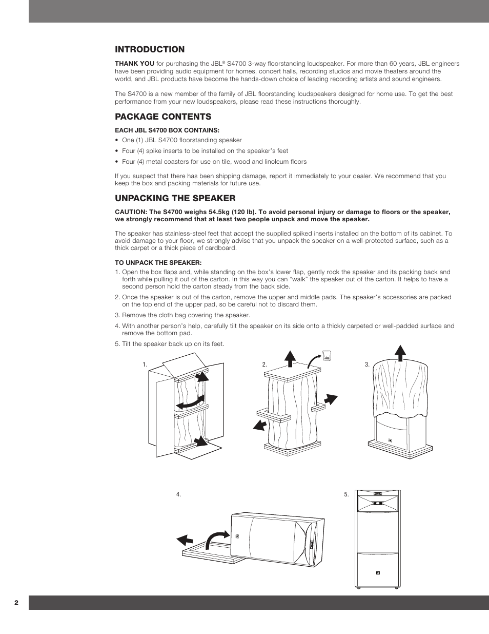 Introduction, Package contents, Unpacking the speaker | JBL Synthesis S4700 User Manual | Page 2 / 16