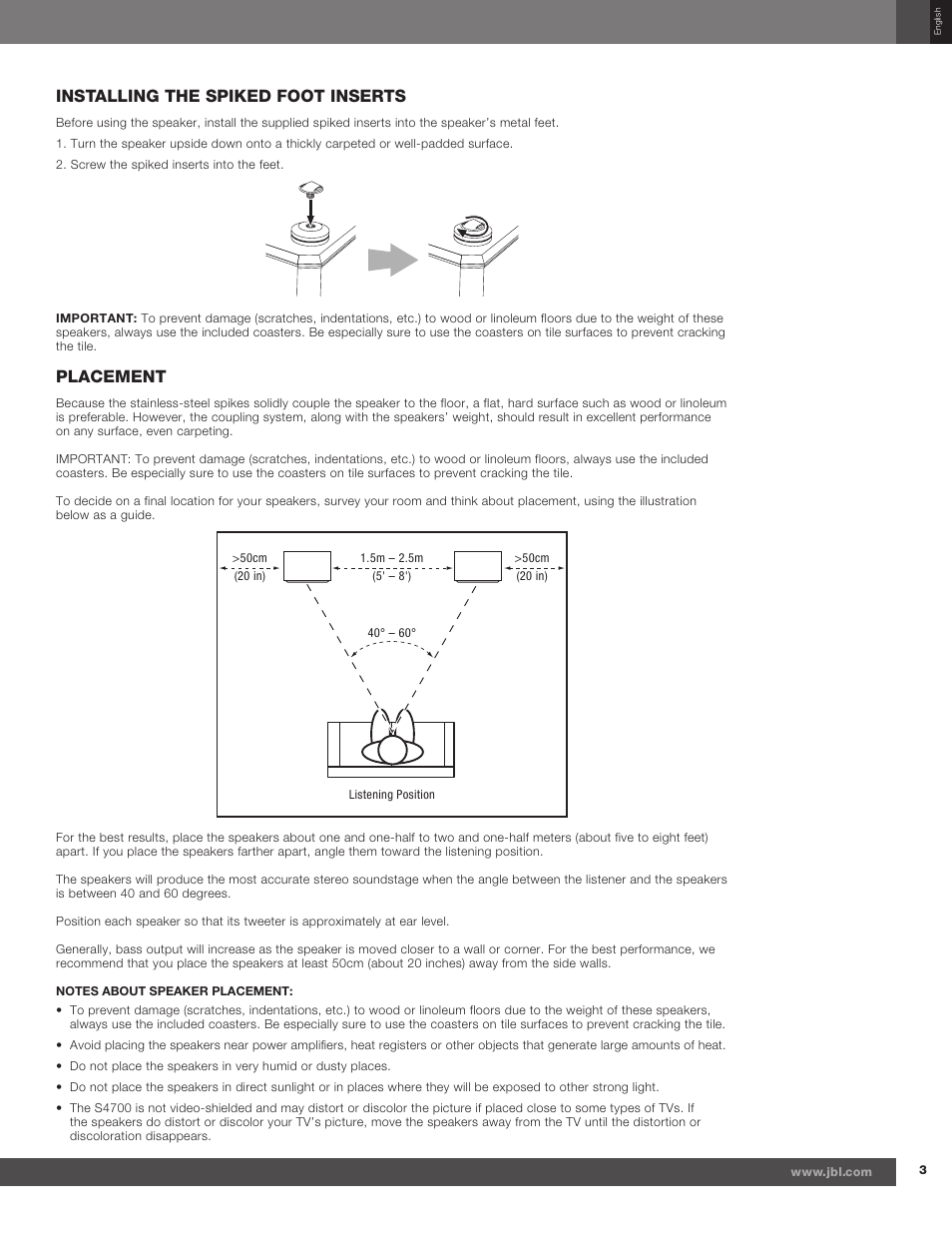 Installing the spiked foot inserts, Placement | JBL Synthesis S4700 User Manual | Page 3 / 16