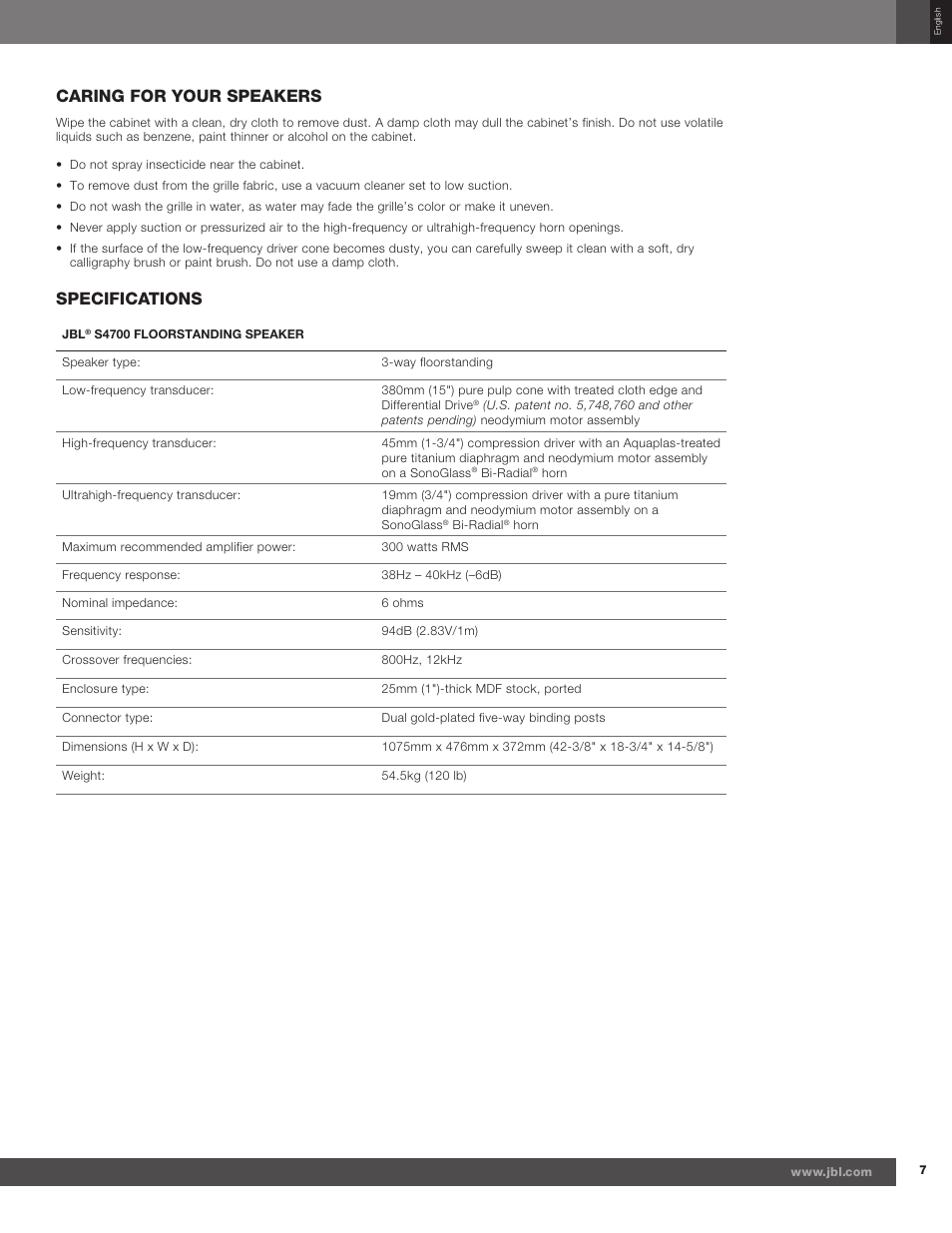 Caring for your speakers, Specifications | JBL Synthesis S4700 User Manual | Page 7 / 16