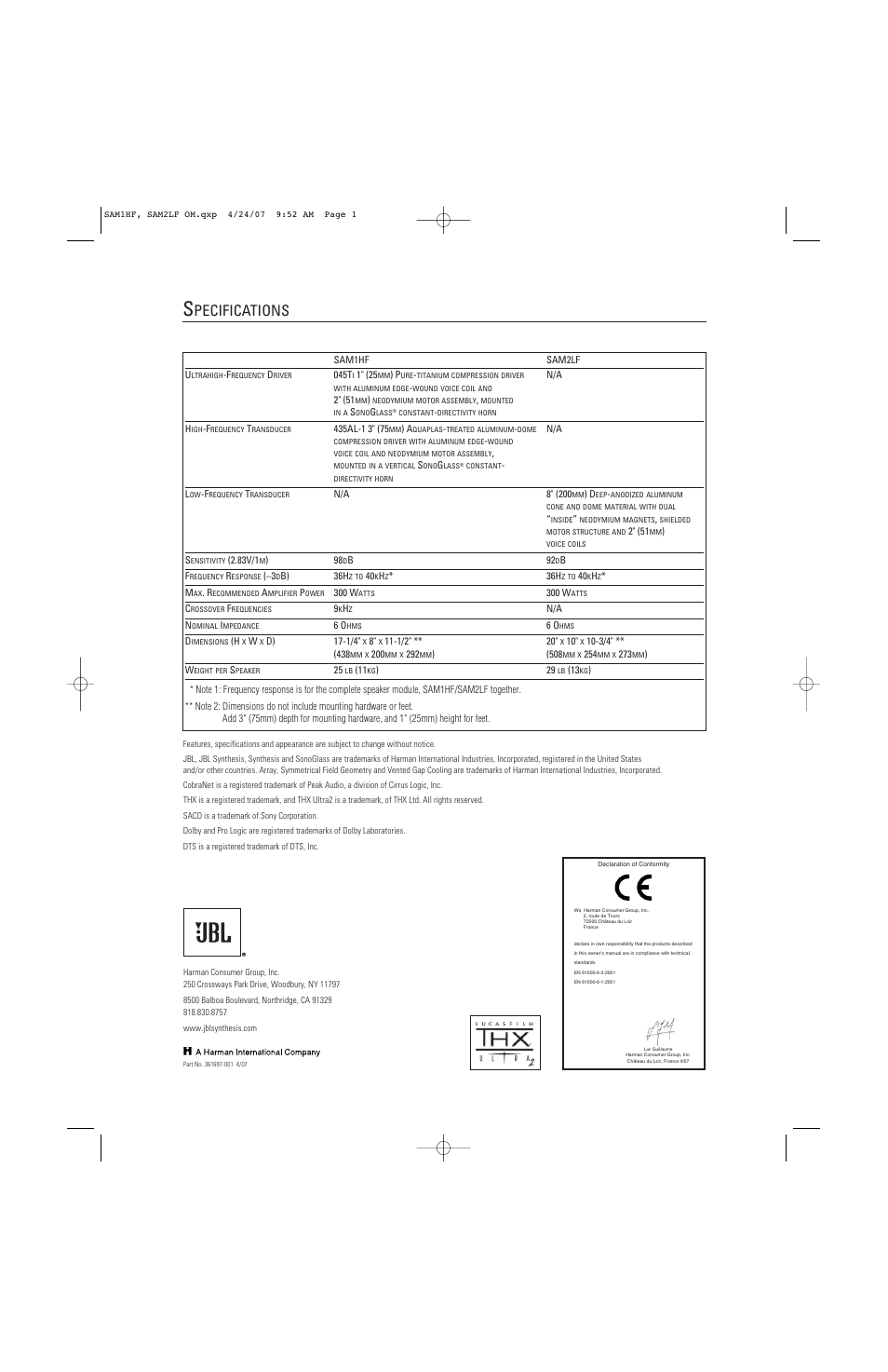 Pecifications | JBL Synthesis SAM1HF User Manual | Page 16 / 16
