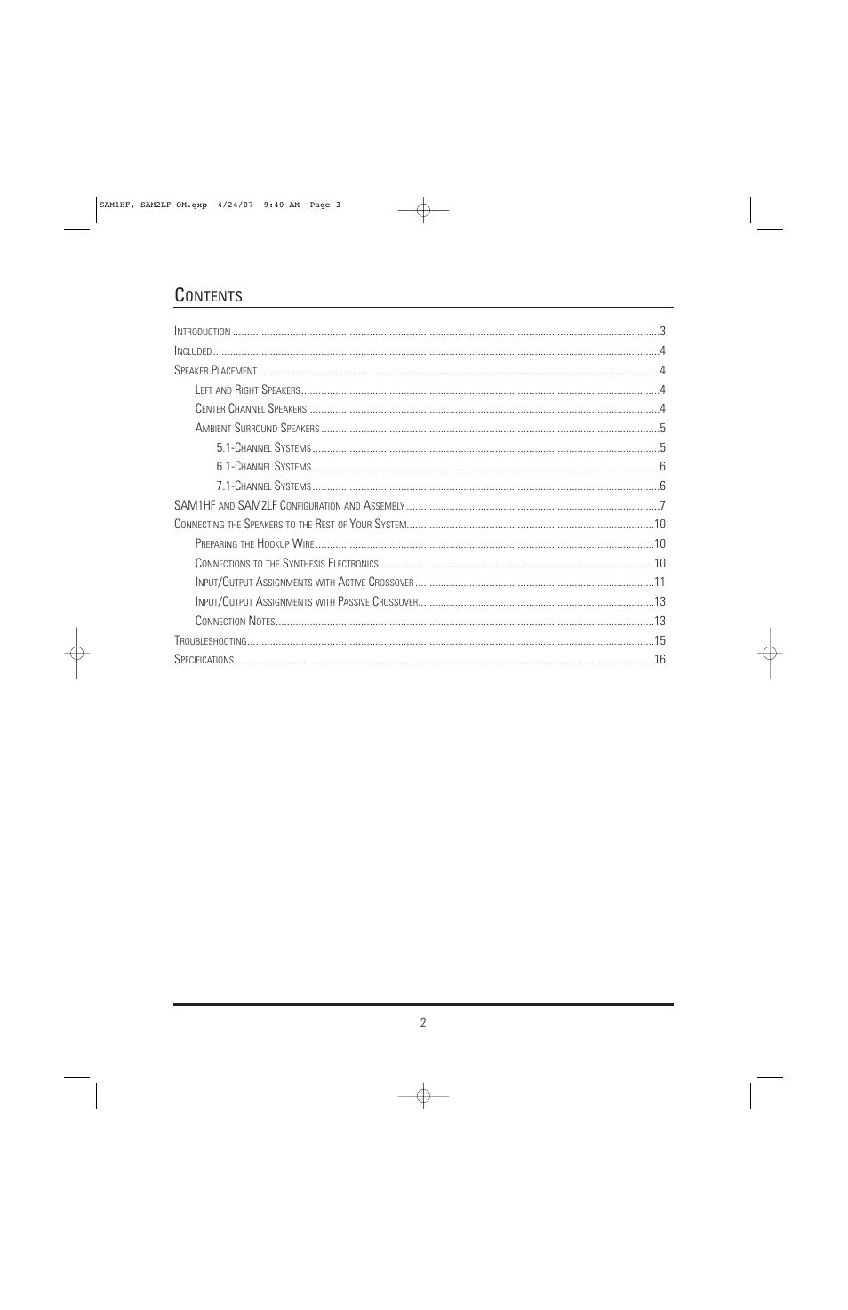Ontents | JBL Synthesis SAM1HF User Manual | Page 2 / 16