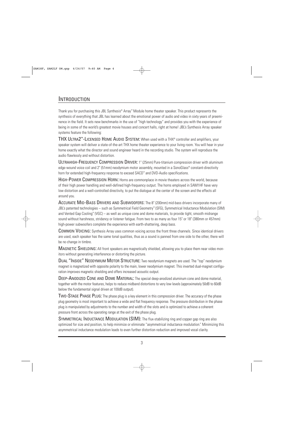 JBL Synthesis SAM1HF User Manual | Page 3 / 16