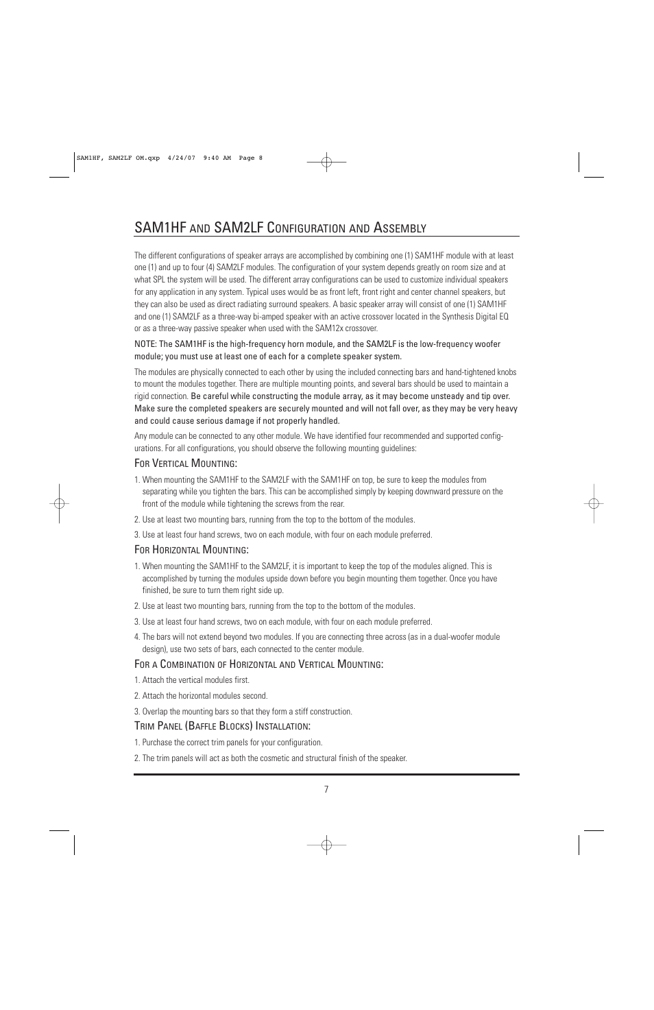 Sam1hf, Sam2lf c | JBL Synthesis SAM1HF User Manual | Page 7 / 16