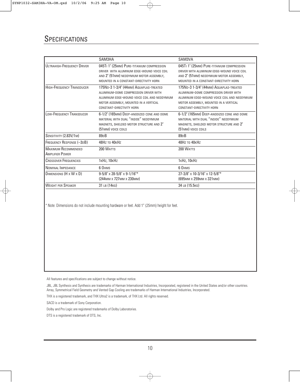 Pecifications | JBL Synthesis SAM3HA User Manual | Page 10 / 12