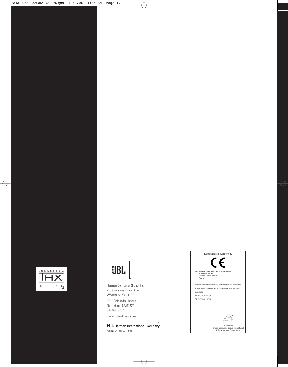 JBL Synthesis SAM3HA User Manual | Page 12 / 12