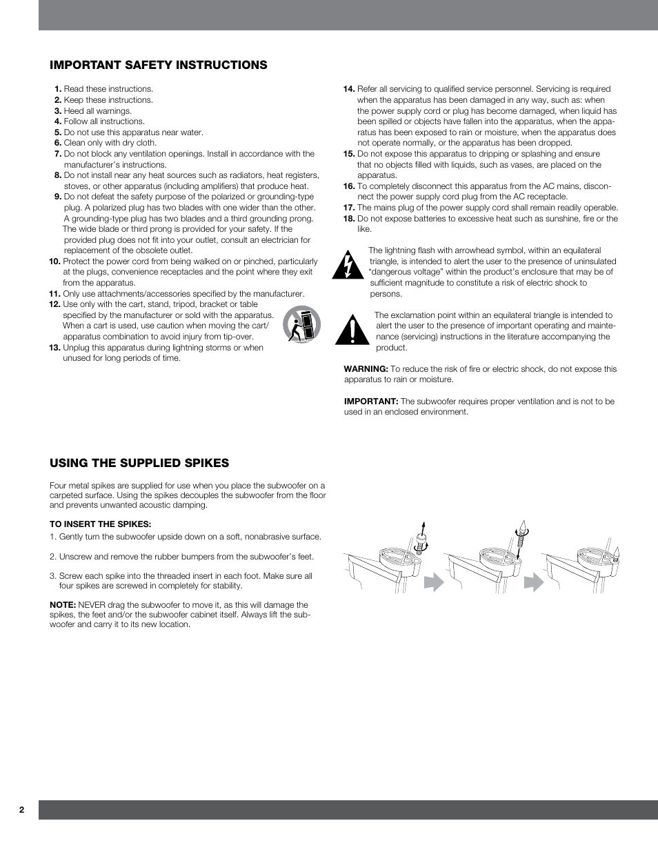 Important safety instructions, Using the supplied spikes | JBL Synthesis SUB 550P User Manual | Page 2 / 5