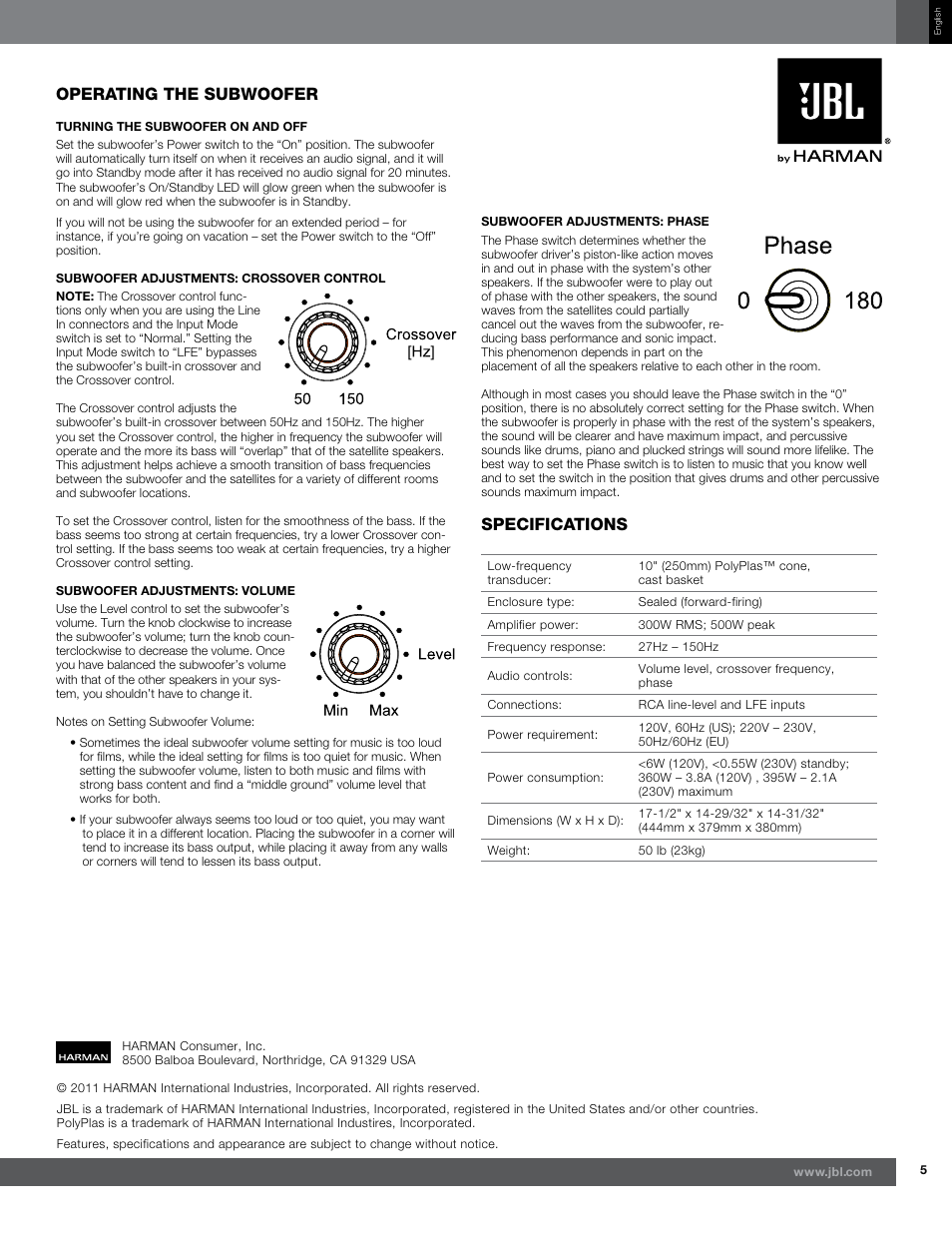 Operating the subwoofer, Specifications | JBL Synthesis SUB 550P User Manual | Page 5 / 5