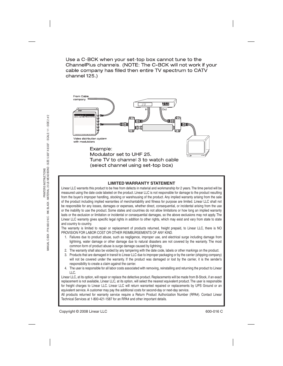 Limited warranty statement | Channel Plus CHANNELPLUS C-BCK User Manual | Page 2 / 2