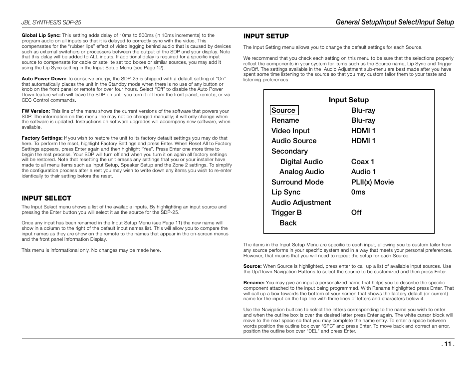 General setup/input select/input setup | JBL Synthesis SDP-25 User Manual | Page 11 / 20