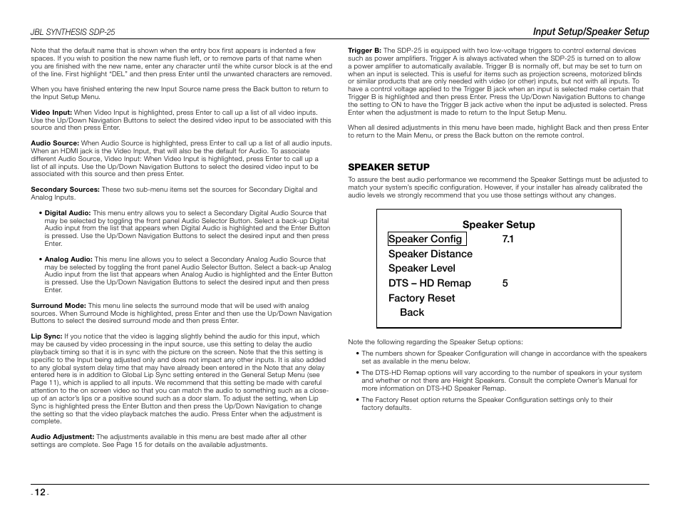 Input setup/speaker setup | JBL Synthesis SDP-25 User Manual | Page 12 / 20