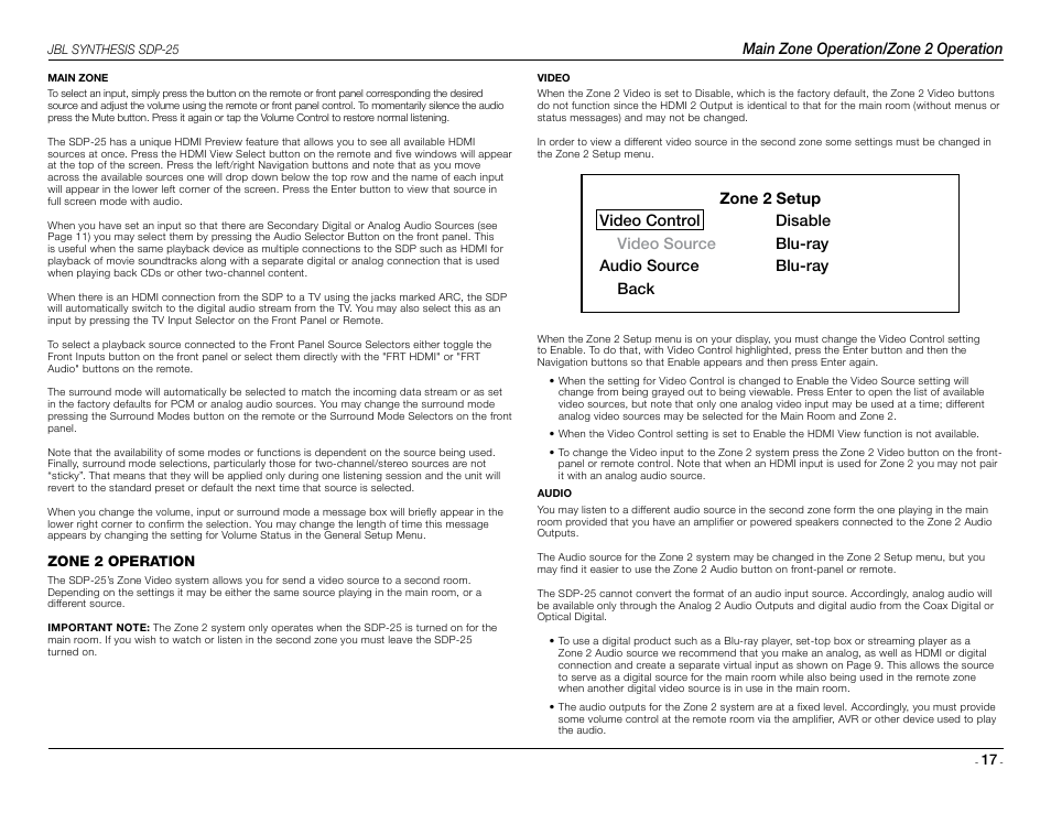 Main zone operation/zone 2 operation | JBL Synthesis SDP-25 User Manual | Page 17 / 20