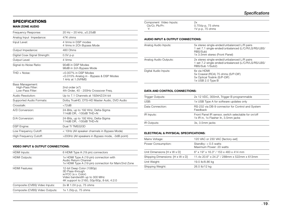 Specifications | JBL Synthesis SDP-25 User Manual | Page 19 / 20