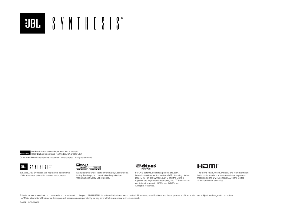 JBL Synthesis SDP-25 User Manual | Page 20 / 20