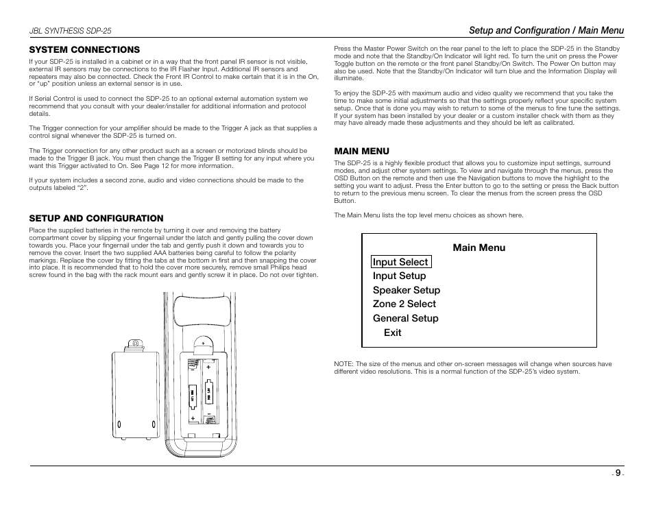 Setup and configuration / main menu | JBL Synthesis SDP-25 User Manual | Page 9 / 20