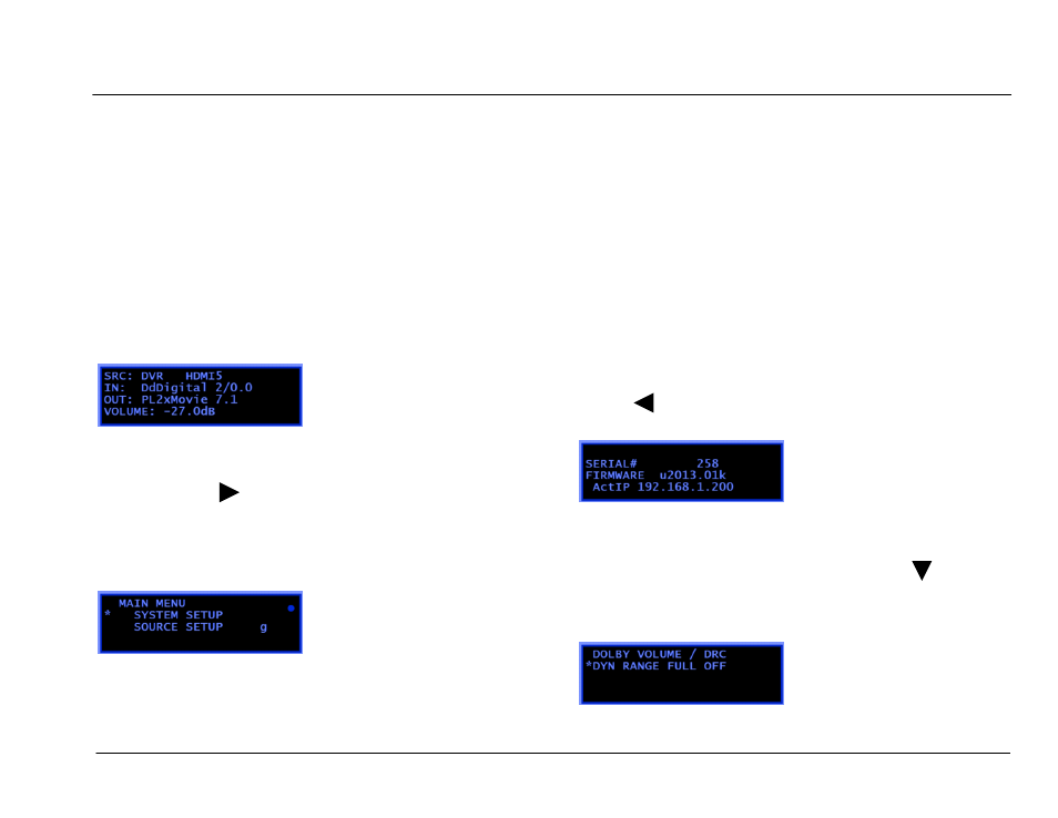 Front, Panel, Status | Display, Main and zone status display, Setup menu display, Volume display, System information display, Dolby volume display, Basic operation | JBL Synthesis SDP-45 4K User Manual | Page 30 / 64