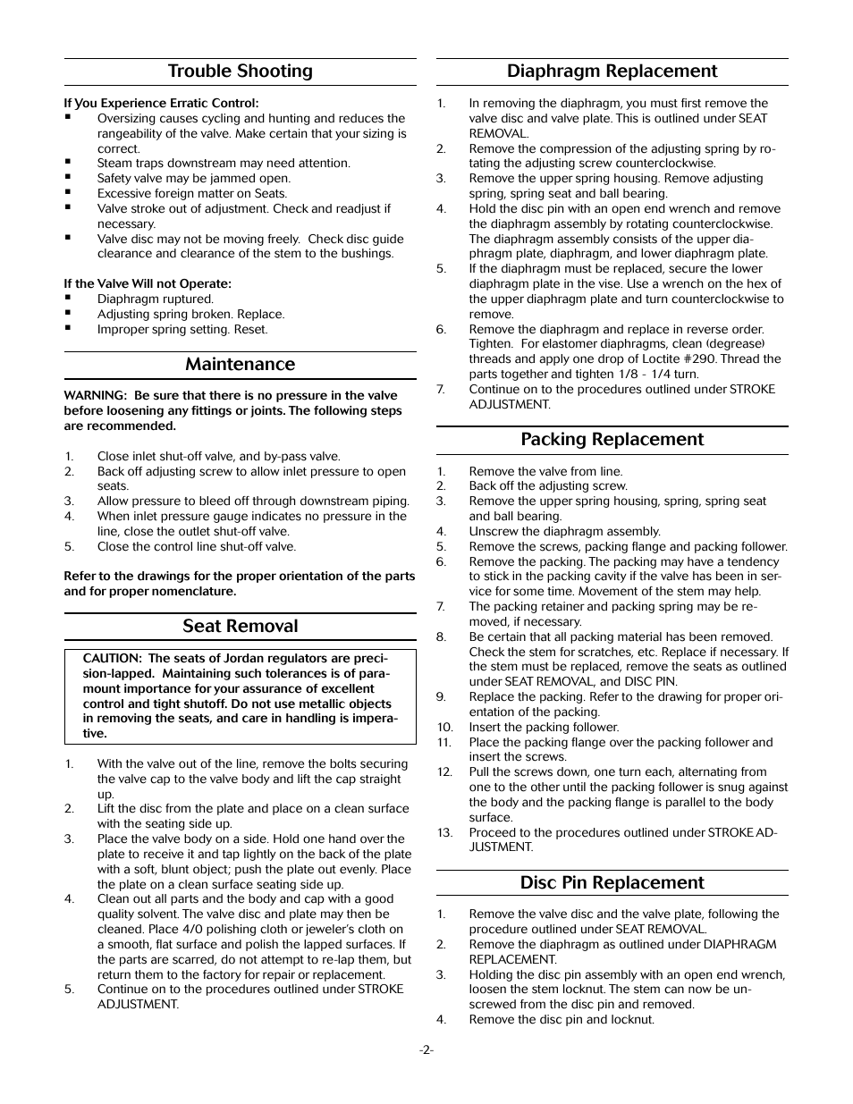 Diaphragm replacement, Packing replacement, Disc pin replacement | Trouble shooting, Maintenance, Seat removal | Jordan Valve Mark 50 Series – Self-Operated Back Pressure Regulator User Manual | Page 2 / 4