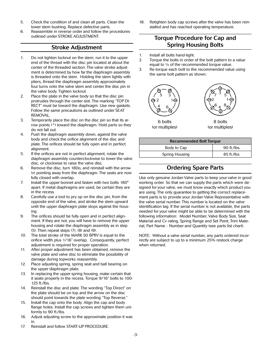 Stroke adjustment, Torque procedure for cap and spring housing bolts, Ordering spare parts | Jordan Valve Mark 50 Series – Self-Operated Back Pressure Regulator User Manual | Page 3 / 4