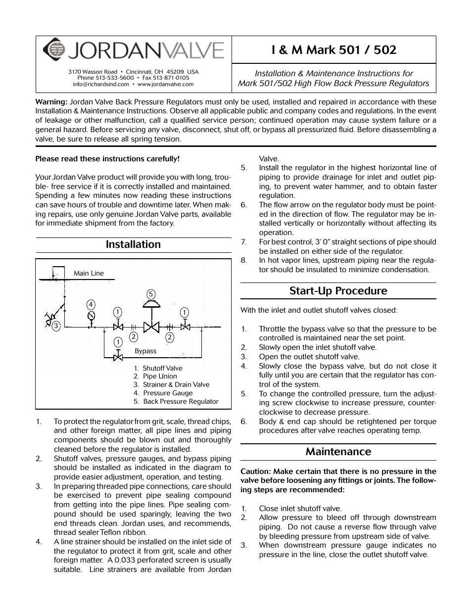 Jordan Valve Mark 50 Series – Self-Operated Back Pressure Regulator User Manual | 4 pages