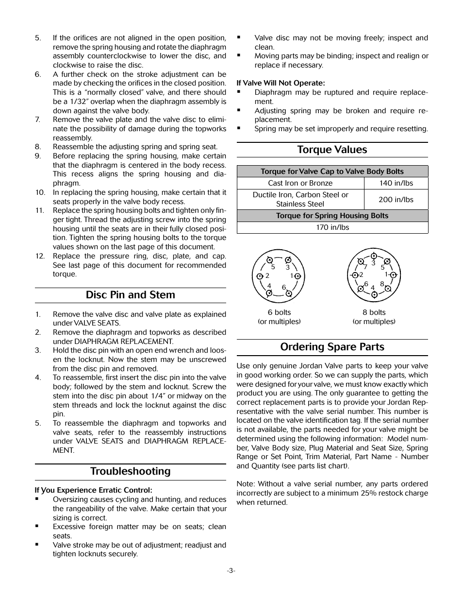 Disc pin and stem, Troubleshooting, Torque values | Ordering spare parts | Jordan Valve Mark 50 Series – Self-Operated Back Pressure Regulator User Manual | Page 3 / 4