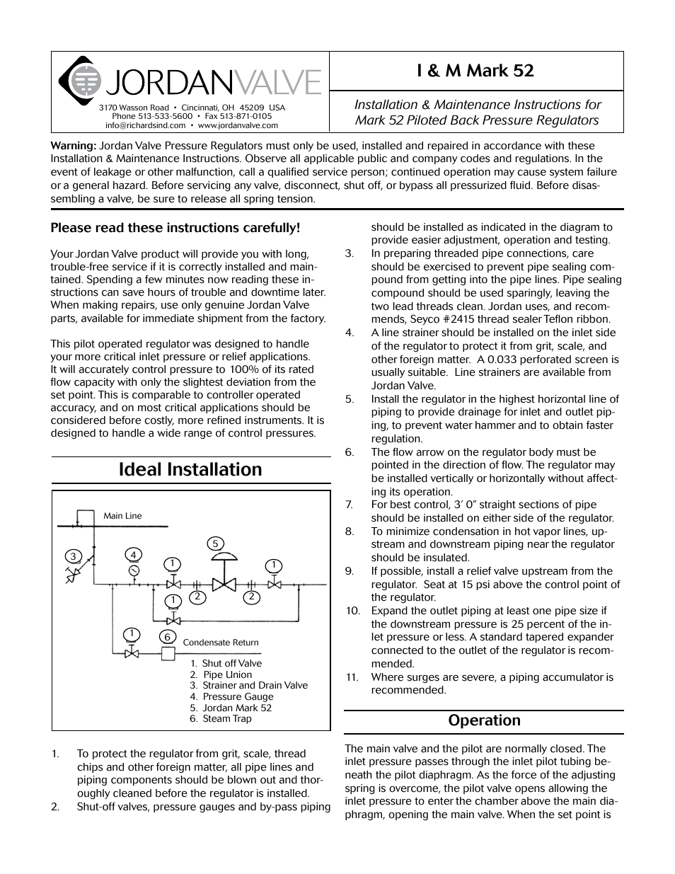 Jordan Valve Mark 52 Series – Internally Piloted Regulator User Manual | 5 pages