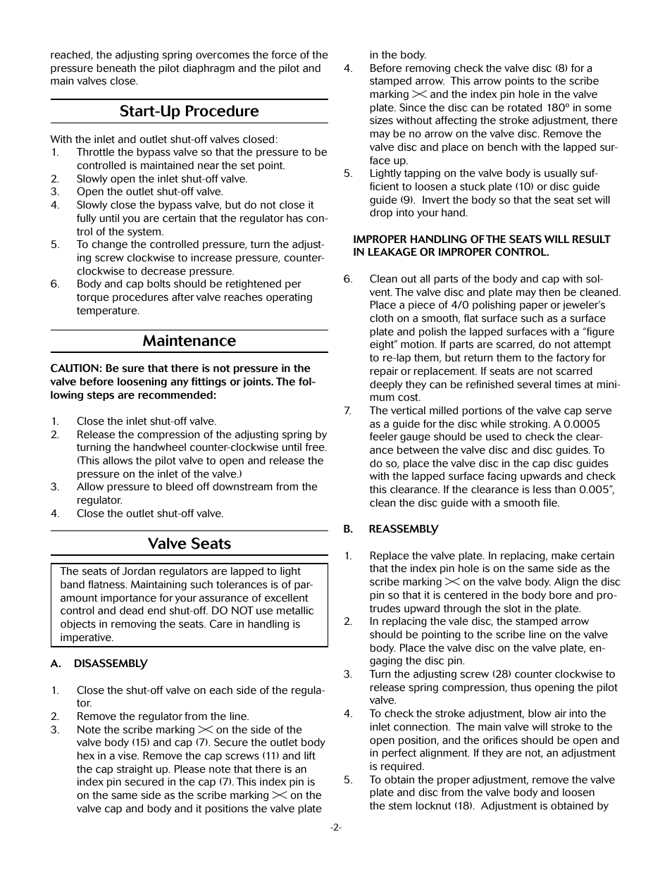 Start-up procedure, Maintenance, Valve seats | Jordan Valve Mark 52 Series – Internally Piloted Regulator User Manual | Page 2 / 5