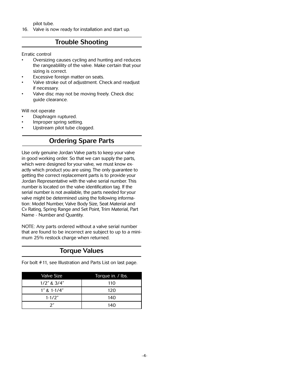 Trouble shooting, Ordering spare parts, Torque values | Jordan Valve Mark 52 Series – Internally Piloted Regulator User Manual | Page 4 / 5