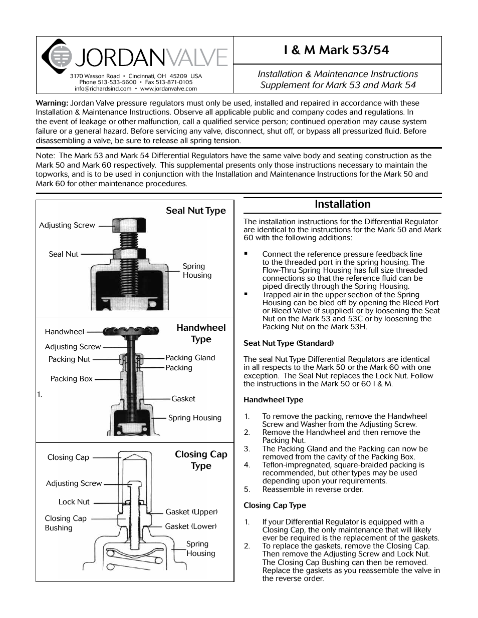 Jordan Valve Mark 53 Series – Differential Back Pressure User Manual | 2 pages