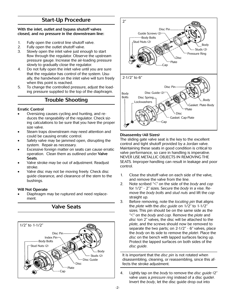 Start-up procedure, Trouble shooting, Valve seats | Jordan Valve Mark 56 Series – Air Loaded Back Pressure Regulator User Manual | Page 2 / 5