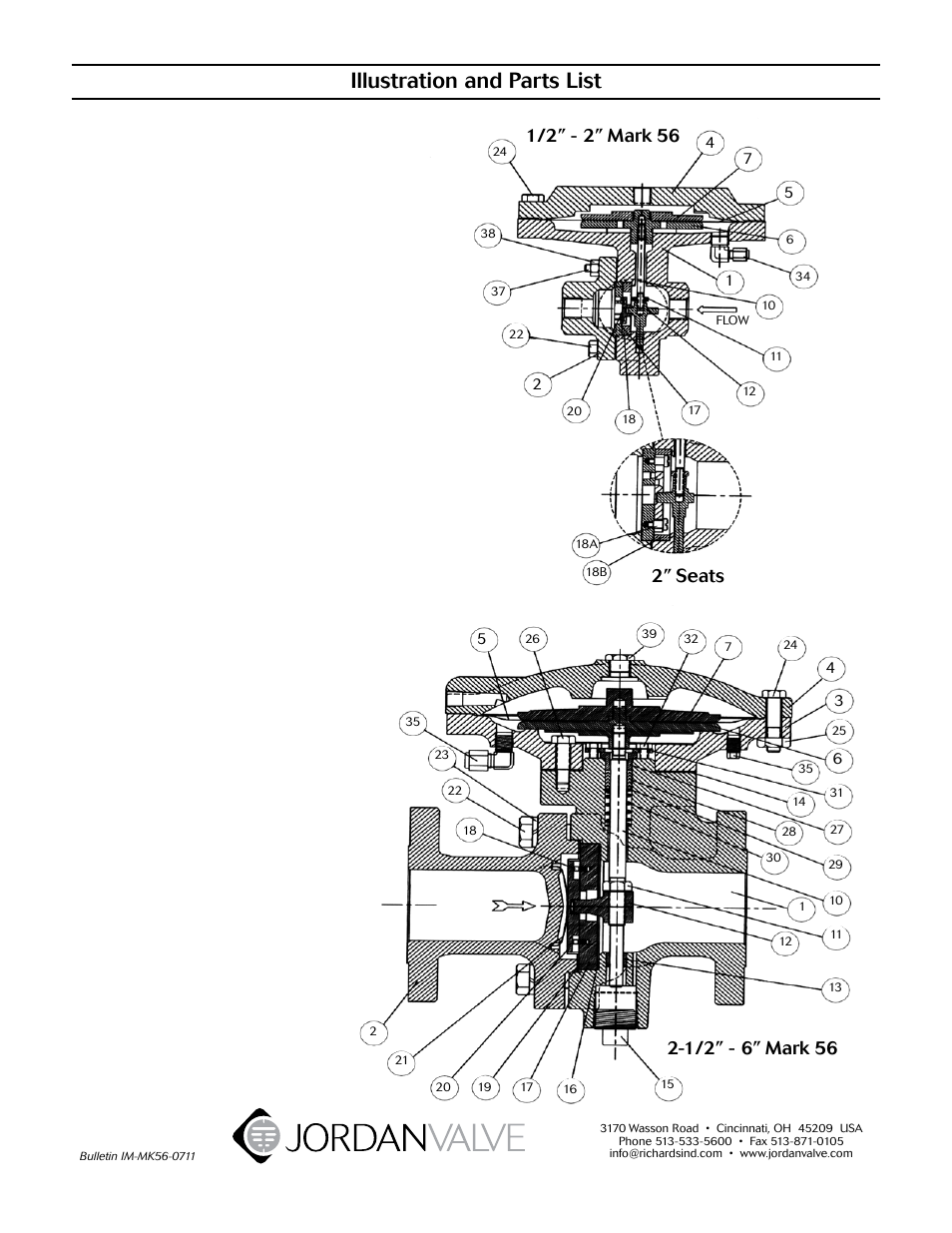Illustration and parts list, 2” seats | Jordan Valve Mark 56 Series – Air Loaded Back Pressure Regulator User Manual | Page 5 / 5
