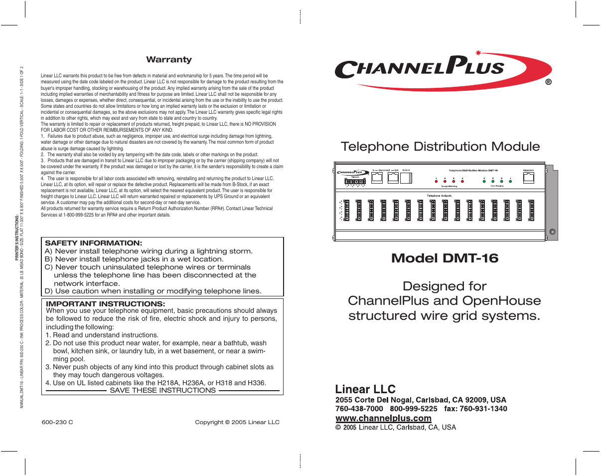 Channel Plus TELEPHONE DISTRIBUTION MODULE DMT-16 User Manual | 2 pages