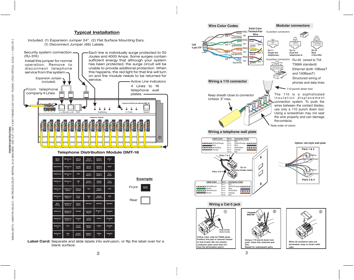 Typical installation, Telephone distribution module dmt-16, Wiring a cat-5 jack | Wiring a telephone wall plate, Wiring a 110 connector, Modular connectors, Wire color codes | Channel Plus TELEPHONE DISTRIBUTION MODULE DMT-16 User Manual | Page 2 / 2