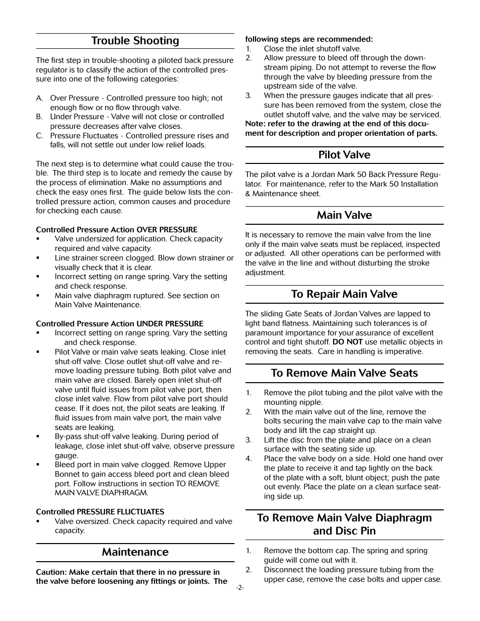 Pilot valve, Main valve, Trouble shooting | Maintenance | Jordan Valve Mark 57 Series – Externally Piloted Regulator User Manual | Page 2 / 4
