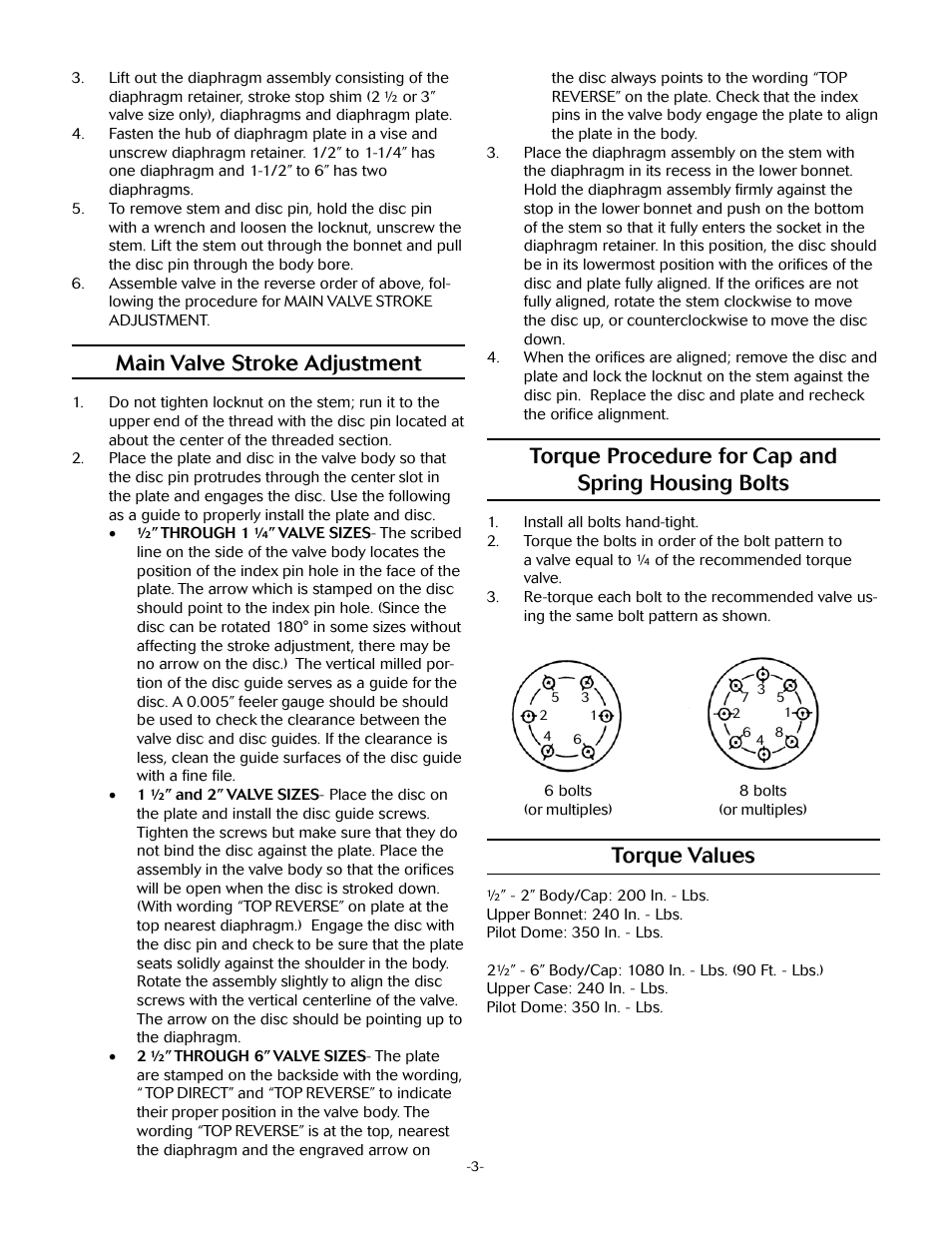 Main valve stroke adjustment, Torque procedure for cap and spring housing bolts, Torque values | Jordan Valve Mark 57 Series – Externally Piloted Regulator User Manual | Page 3 / 4